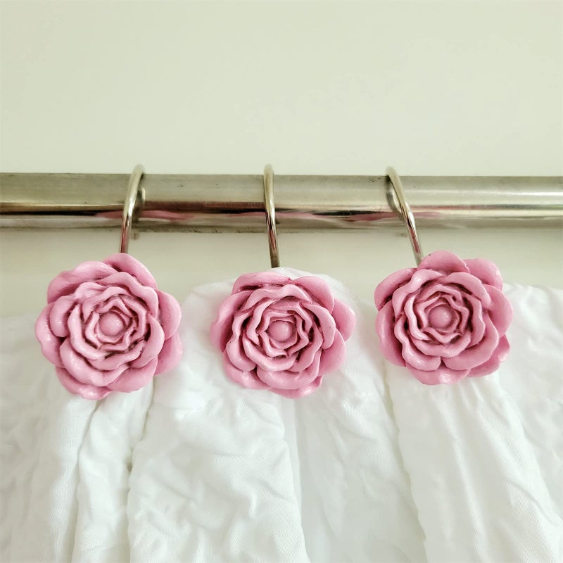 Twofishes Pink Rose Shower Curtain Hooks Set of 12 Pink Rose Flower Shower Rings Pack of 12 - Image 1